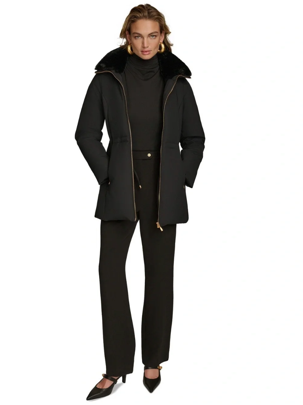 NWT Donna Karan Women's Faux-Fur-Collar Short Puffer Coat. MEDIUM. Black. $259
